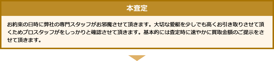 本査定 お約束の日時に弊社の専門スタッフがお邪魔させて頂きます。大切な愛艇を少しでも高くお引き取りさせて頂くためプロスタッフがをしっかりと確認させて頂きます。基本的には査定時に速やかに買取金額のご提示をさせて頂きます。